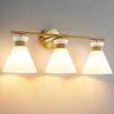 WOSHITU Bathroom Vanity Light Fixtures: 3-Lights Mid Century Modern Vanity Lights for Bathroom Over Mirror, Brushed Gold Wall Sconce Lighting with Frosted Milky Glass Shade for Bath Living Room, Gold 