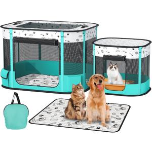 Portable Cat Playpen, Foldable Pet Dog Playpen with Pet Pee Pad, for Kitten Puppy Play Pen Indoor/Outdoor, Cats Enclosure Cages Tent with Carrying Case, 600D Oxford 8-Rods, 32"x24"x22" (Green)