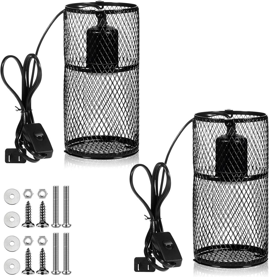 VIHOSE 2 Pcs Reptile Heat Lamp Guard with 150W Ceramic Heat Emitter Basking Anti Scald Heating Lamp Holder Mesh Cage Reptile Protection Lampshades for Lizard Snake Chick, Bulb Not Included (Black)
