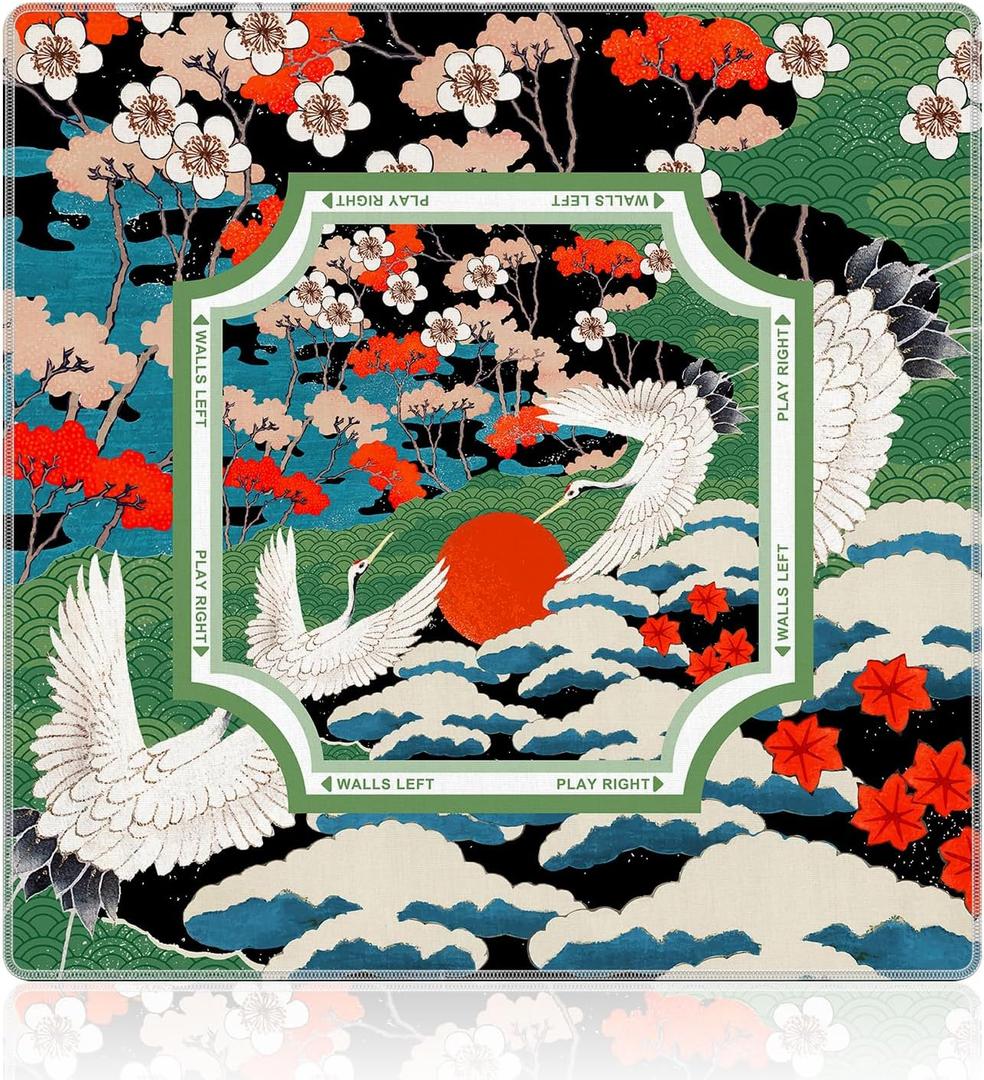 WHCHJ Oriental Japanese Chinoiserie Mahjong Mat 31.5 x 31.5 in, Traditional Asian Crane Flower Anti-Slip Noise-Reducing Mahjong Mat for Table Board, Games Tile Games, Poker and Cards