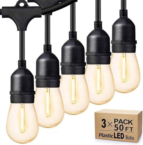 Svater Outdoor String Lights 50FT, E26 Socket, 48pcs S14 Shatterpoof Bulbs, 1 Watt Dimmable 2700K Warm White, IP65 Waterproof Commercial Grade Patio Lights（1 Pack X 50FT）