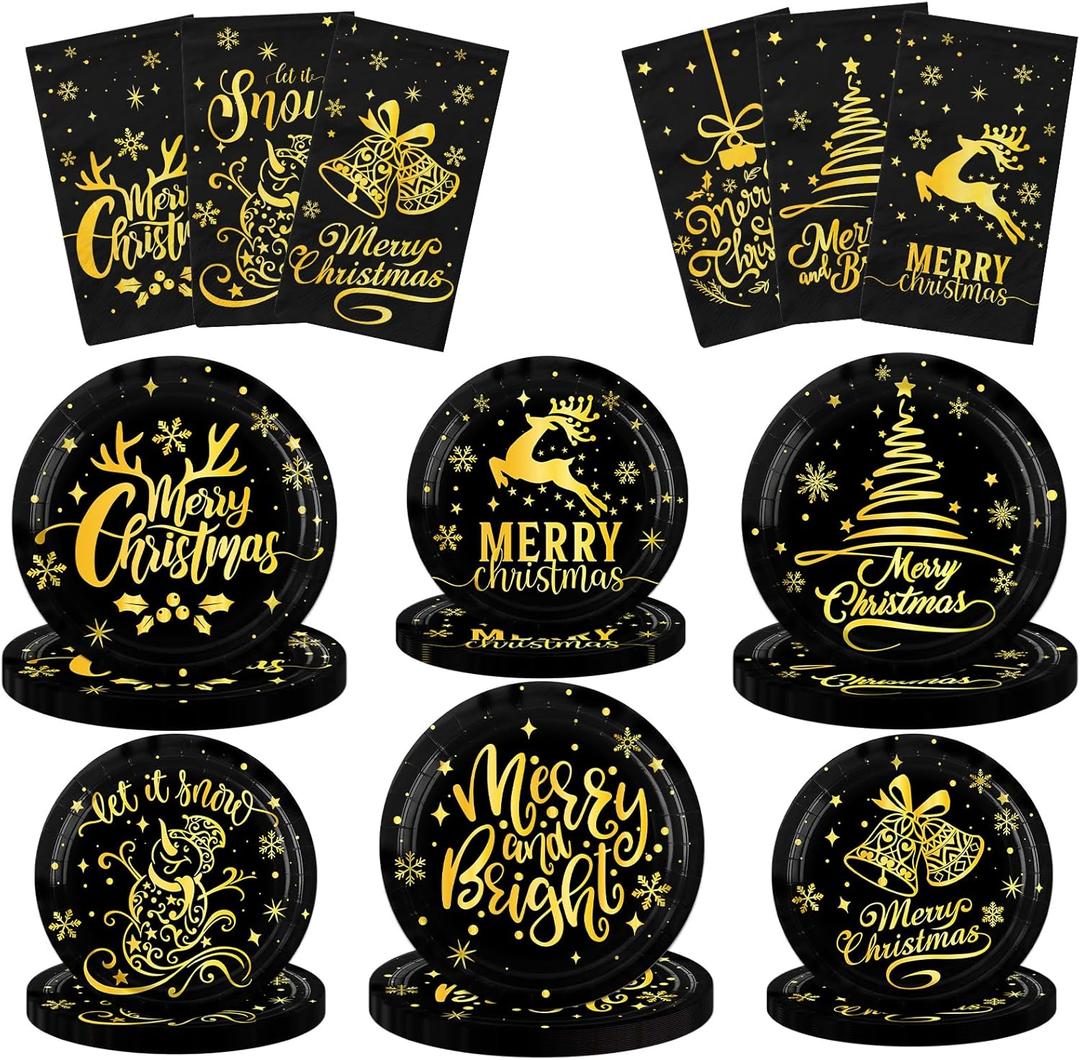 Lenyunge Merry Christmas Tableware - 62pc Black & Gold Plates & Napkins for Winter Holiday Decoration