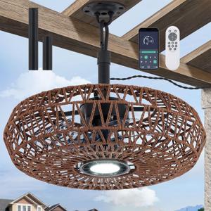 20'' Outdoor Gazebo Fan with Light, Outside/Indoor Hanging Rattan Ceiling Fan with Remote&APP Control, 3CCT Dimmable, 6-Speed DC Motor, Plug-in Wicker Woven Caged Ceiling Fans for Patio Pergola