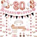 32Pcs 80th Birthday Decorations for Women with Banner, Hanging Swirls, Balloons, Crown and Sash, Cake Topper and Candles, Womens 80th Birthday Decorations Rose Gold