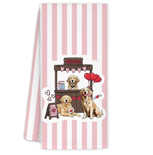 YTRGI Golden Retriever Valentines Day Gifts for Her Him Kids, Golden Retriever Kisses Valentines Day Decoration Hand Towel for Kitchen Bathroom, Funny Pink Kitchen Towels 16x24 in