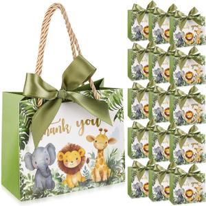 TaoBary 40 Pack 5.5''x 2.5''x4.7'' Small Jungle Safari Gift Bags with Handles Mini Paper Woodland Animal Thank You Gift Bag Bulk with Bow Ribbon for Baby Shower Boy Girl Birthday Party Supplies