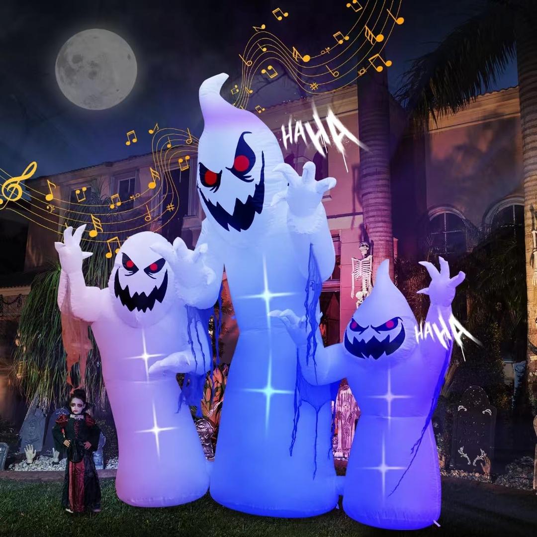 8FT Halloween Inflatable Decoration 3 White Ghosts with Terrible Grinning & Crying Sound, Halloween Inflatable Outdoor Decoration, Blow Ups Ghosts LED Light for Outdoor Yard Lawn Decorations