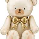 Giant Teddy Bear Foil Balloon PartyDeco 29.5x33 Inch Cute Cream Bear Balloons with Gold Bow for Baby Shower, Birthday Kids, Gender Reveal Neutral Party Decor