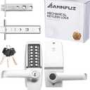 Mechanical Entry Keypad Door Handle Lock with Key,Auto-Locking Push Button Code Door Knob Lock,Single Sided Combination & Interior Hold-open Lever,for Front Gate,Garage,Office,Brushed Nickel