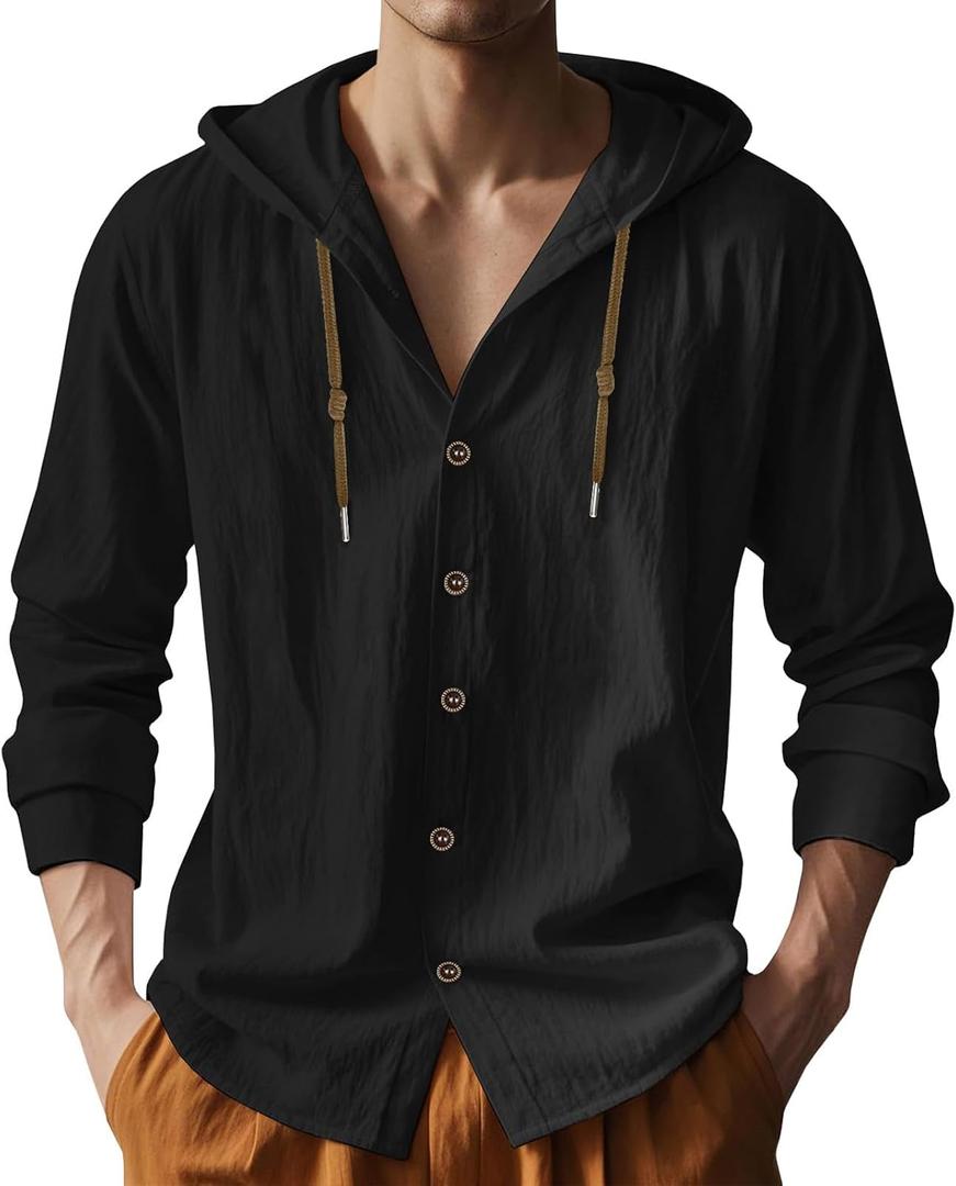 PIDOGYM Men Cotton Linen Long Sleeve Button Down Shirt Summer Casual Hawaiian Beach Tops Lightweight Fashion Hoodies XL