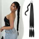 Long Braided Ponytail Extension with Hair Tie Wrap Around Straight Hair Extension Ponytail 34 Inches Natural Soft Synthetic Hairpiece for Women Daily Weddings Parties and Festivals Wear 150 Gram Black