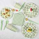 175Pcs Gingham Party Supplies for 25 Guests Scalloped Plates and Napkins set Green and White Paper Plates Disposable Plaid Cocktail Napkin Checkered Dinner Party Set Cutlery for Baby Shower Wedding