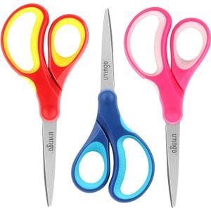 LIVINGO 7" Student Scissors, Sharp Stainless Steel Pointed Tip Blades Shears for Middle School Kids Crafting Project, Comfort Right/Left-handed, Assorted Color, 3 Pack (Blue / Red / Pink)