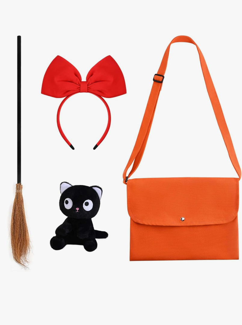 Kavoc 4 Pcs Witch Halloween Cosplay Costume for Women Red Bowknot Headband Orange Bag Wizard Flying Broom and Black Cat Doll Dress up Witch Anime Costume Accessories