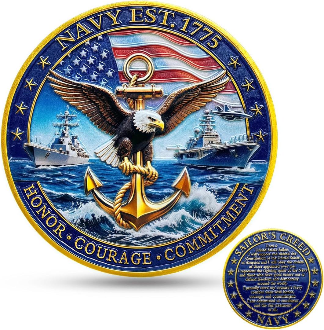 United-States-Navy Challenge Coin Est. 1775, Eagle, Anchor, Ships, Aircraft, Honor Courage Commitment - Sailor's Creed - Military Collectible Coin for Veterans and Service Members
