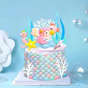 Gyufise 12 Pack Mermaid Party Cake Decoration Ocean Animal Fish Crab Dolphin Octopus Seahorse Cake Toppers for Ocean Mermaid Under the Sea Theme Party Supplies Pink