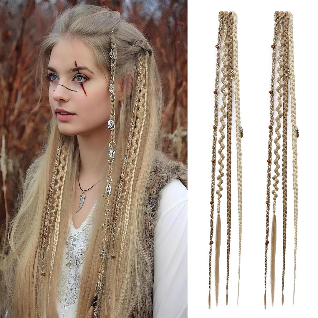 REECHO Clip in Braid Hair Extensions for Women, 20" Boho Dreadlock Clip in Braids with Beads & Charms, 2PCS Synthetic Braided Hairpieces for Cosplay Daily, Medium Blonde with Light Blonde