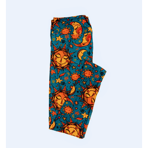 Lularoe Tall Curvy (TC fits Sizes 12-18) Sun Smiling Crescent Moon Stars Slate Blue Buttery Soft Adult Leggings 7510-B11, 2Pack