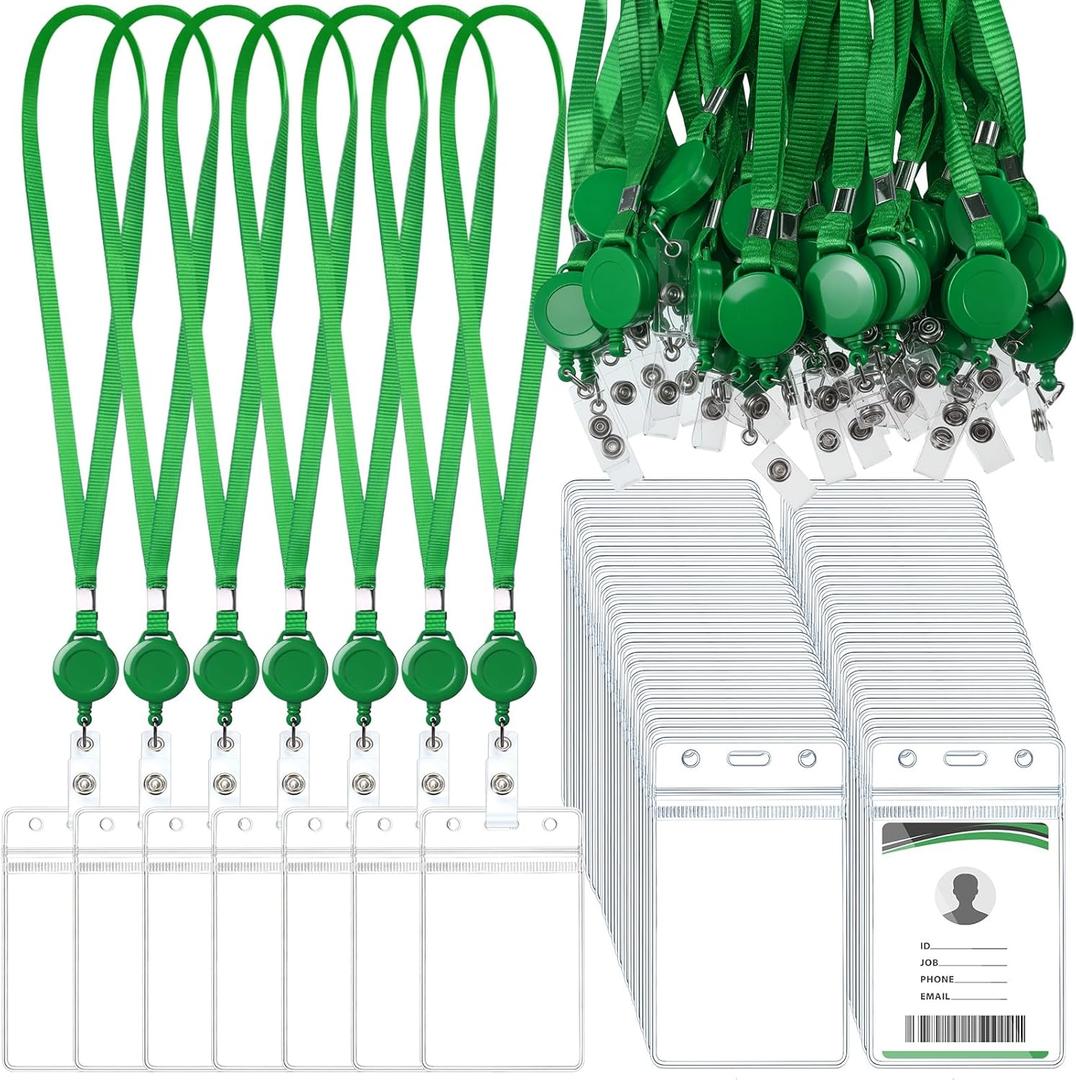 Marspark 50 Set Lanyard with ID Holder Sets Include Flat Lanyard with Retractable Badge Reel and Clear Vertical Card Name and Badge Holder for Offices ID Driver License(Green)