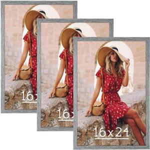 HLiWEGNS Grey 16x24 Frame Set of 3 - Rustic Woodgrain 16 x 24 Poster Frame with Plexiglass for Wall Gallery Display, 16x24 Picture Frame for Puzzles, Artwork, Photos and Posters - Ideal Christmas Day (Matte Gray)