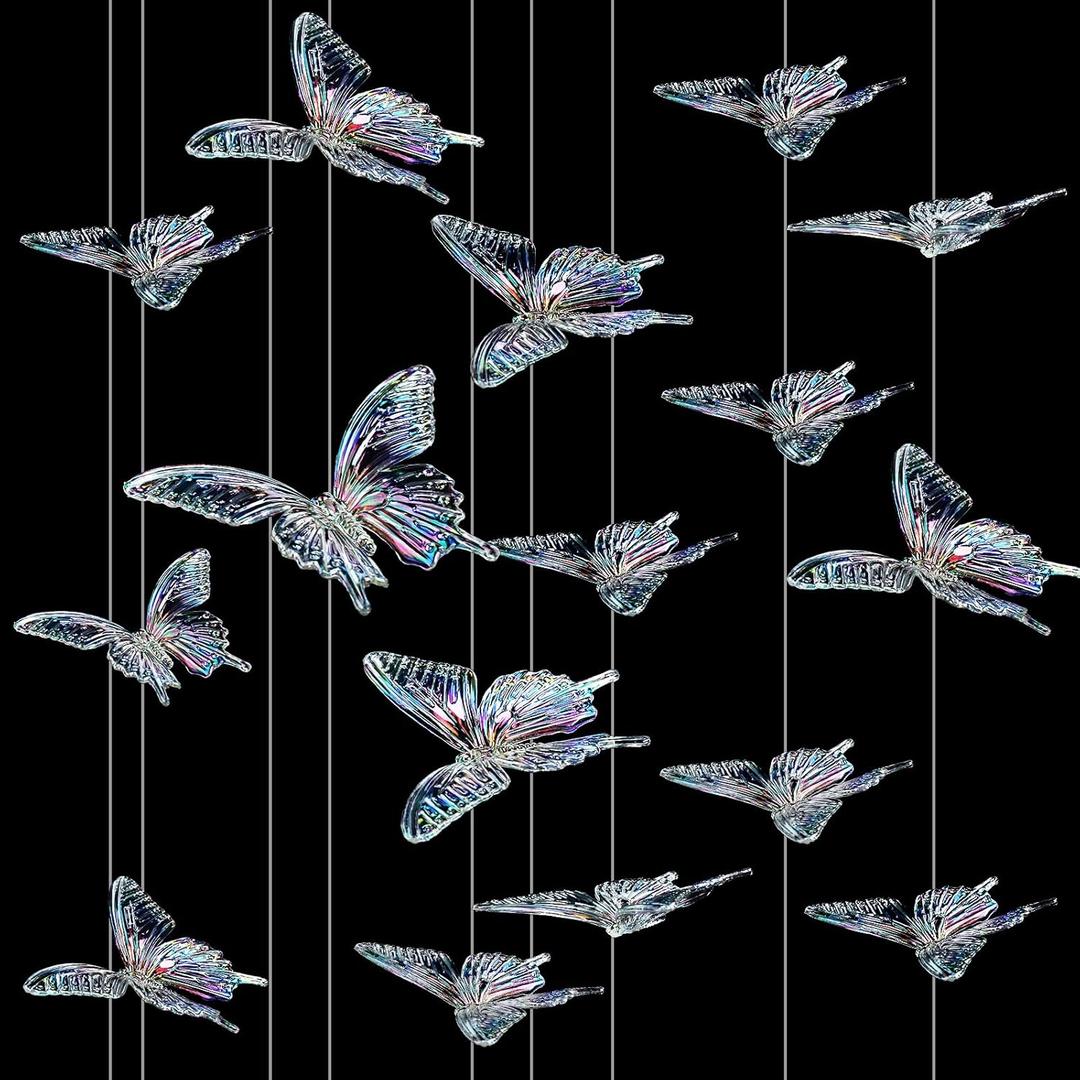 24 Pcs DIY Butterfly Decorative Ceiling Hanging Ornaments Hanging Butterflies Ceiling Decoration with 295 Feet Fishing Line for Christmas Tree Wedding Bedroom Decor, Iridescent
