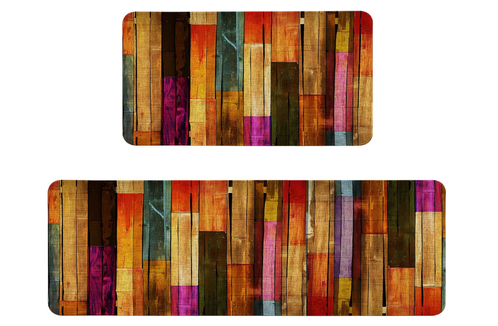 Kitchen Rugs Sets of 2 Non Slip Washable, Rustic Colorful Wooden Kitchen Mats for Floor 2 Piece Home Decor