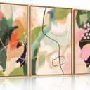 DRACIT Colorful Abstract Framed Canvas Wall Art Set,Modern Multicolor Pastel Minimalist Line Wall Decor,Boho Green and Pink Painting for Living Room,Bedroom-16 x24 x3