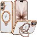 Compatible with iPhone 17 Case with 360 Spin Magnetic Ring Stand [Compatible with Mag-Safe] Full Camera Lens Protector Plating Clear Phone Case for iPhone 17 6.3", Desert Gold