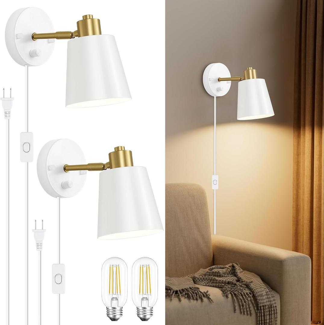 Lomoky Dimmable Wall Sconces Set of 2, Adjustable Angle Wall Lights with Plug in Cord and Dimmer On/Off Knob Switch, Hardwired Indoor White Wall Lamp for Bedside Bedroom Bathroom (2 Bulbs Included)