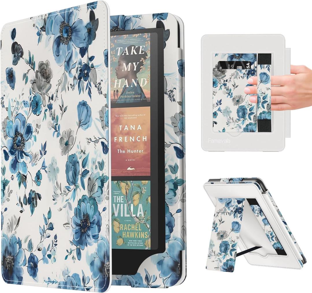 Famavala Case Cover for 7"/6.8" Kindle Paperwhite Signature Edition (12th/11th Generation, 2024/2021 Release) and Kindle Colorsoft Signature Edition 1st Gen (Blue Floral)