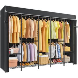 H50C Extra Large Clothes Rack with Cover, Freestanding Portable Closet, Covered Clothing Racks for Hanging Clothes, Heavy Duty Garment Rack, Wardrobe Closet with Black Cover Max Load 1350 Lbs