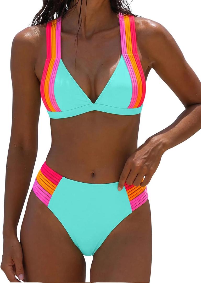 popvil High Waisted Bikini Sets for Women Color Block Two Piece Neon Swimsuits Crisscross Back Bathing Suit 2026, Large