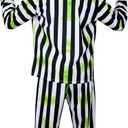 Halloween Black and White Striped Blazer Suit for Men Tie Shirt Green Face Sticker Outfit Costume (L)