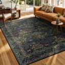 Lessymo Living Room Rug 5x7, Soft Non Slip Washable Area Rugs for Bed Room Dining Room, Faux Wool Boho Low Pile Stain Resistance Distressed Retro Indoor Boho Carpet, Dark Green