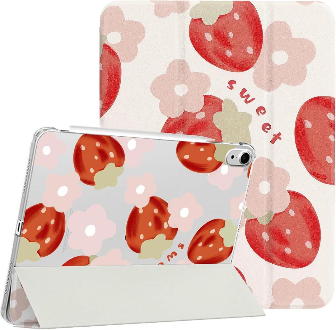 Lovmooful Compatible for iPad Air 6th 11-inch M2 (2024),iPad Air 5/4 (2022/2020 5th/4th Generation 10.9-Inch) Case with Pencil Holder Cute Flower Soft TPU Trifold Stand Protective-Light Strawberry