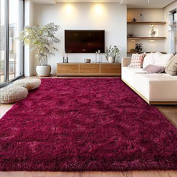 Burgundy Plush Rug for Living Room Fuzzy Carpet for Bedroom Dorm, Non-Slip High Pile Rug, Shag Rug for Playroom Nursery Home Office Decor 4×6Ft