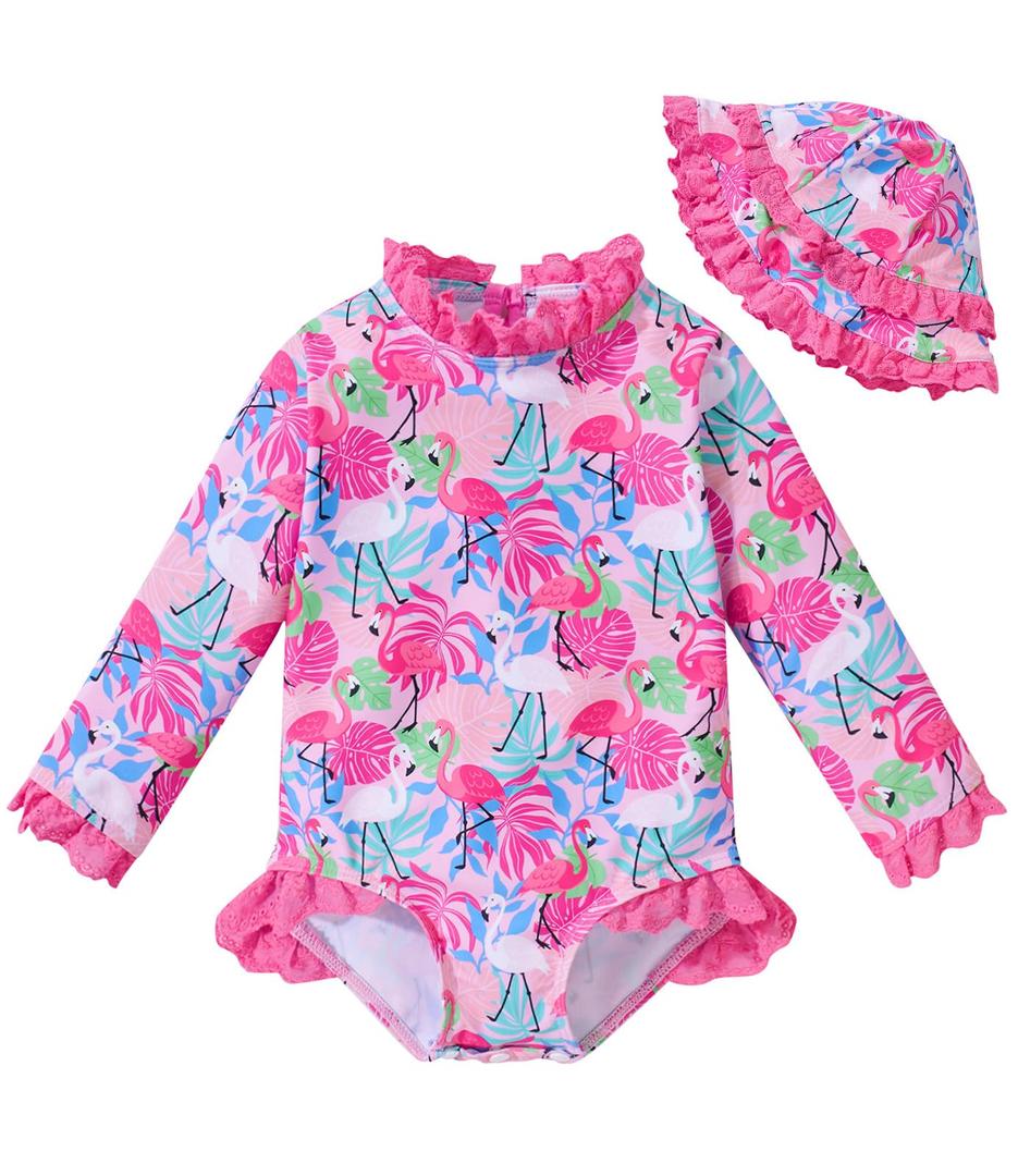grehava Baby Girl Swimsuit Infant UPF 50+ Sun Protection Bathing Suit with Hat 3-6 Months Rash Guard Swim Suit One Piece Swimwear Flamingo Pink 6M