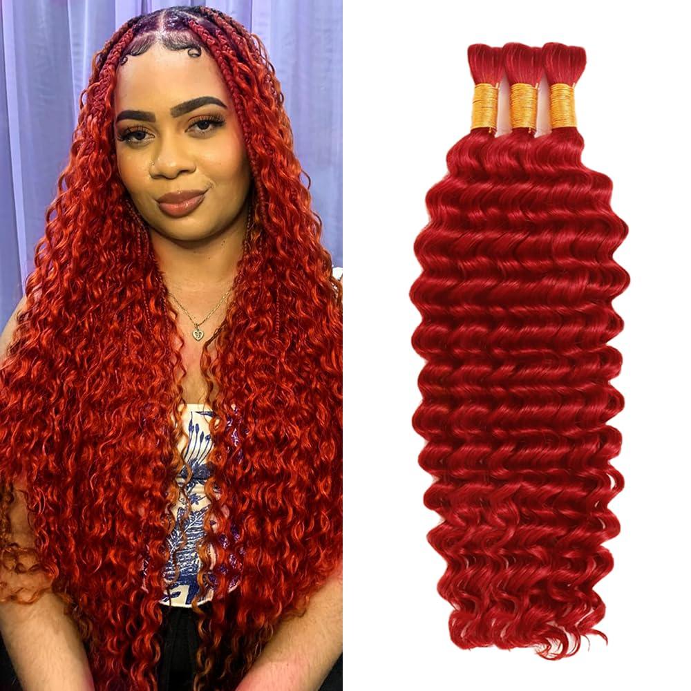 Red Boho Hair for Braiding Deep Wave Bulk Human Hair for Braiding 26 26 26 Inch No Weft Brazilian Red Deep Wave Bulk Braids Extensions