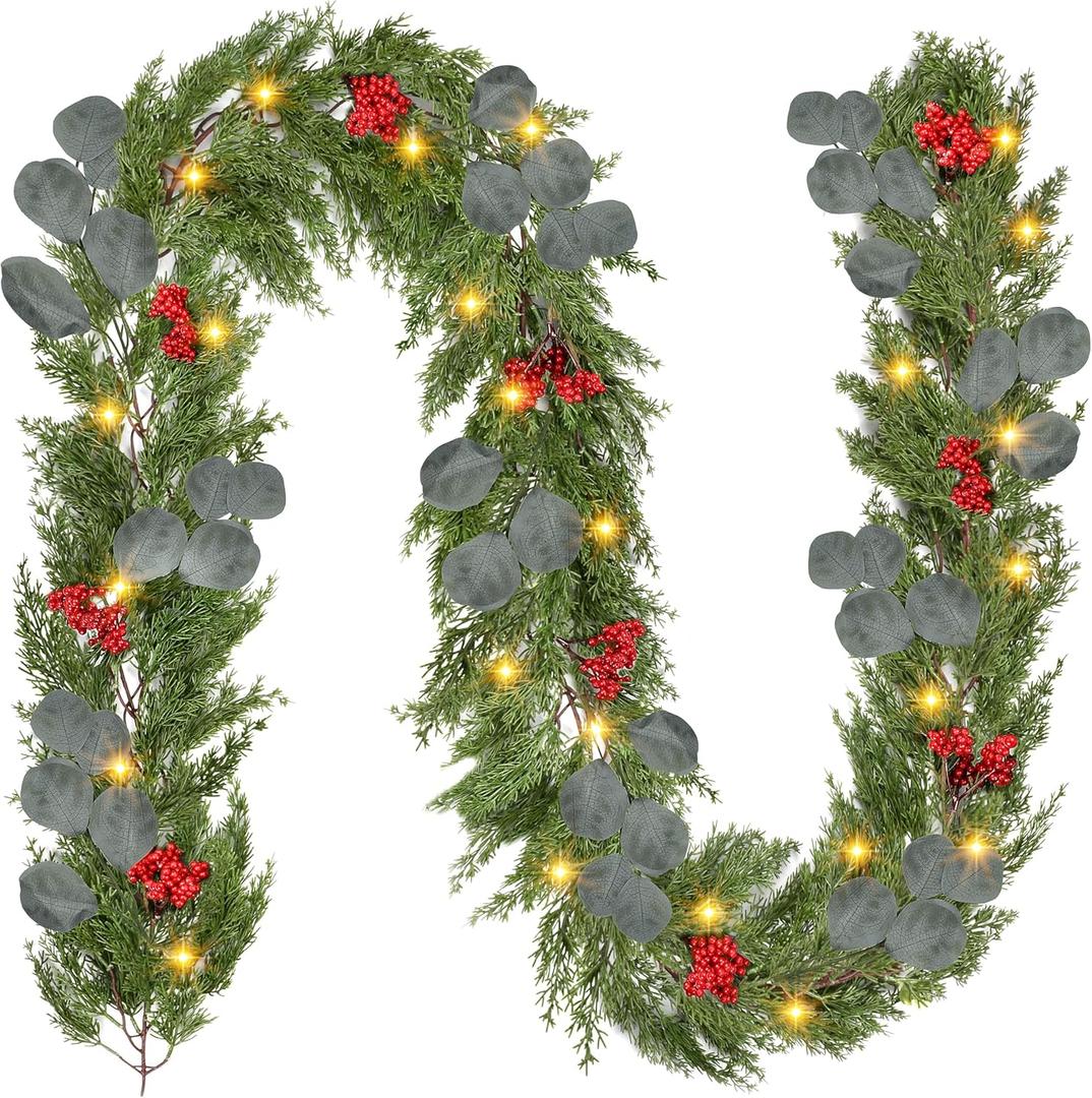 6Ft Prelit Cedar Christmas Garland Artificial Realistic Cypress Pine Needles Garland with Red Berrieies Eucalyptus Leaves LED Lights Faux Greenery Decoration for Fireplace Mantel Xmas Indoor Dcor