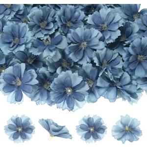 100-Pack Artificial Flower Heads, Silk Fake Plum Blossom Head for Wedding/Garland/Hat/Shoes/Party Decoration, Faux Bulk Flower Petals [1.97 Inch, Blue]