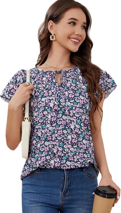 Womens Summer Tops Floral V Neck Blouses for Women Dressy Casual Short Sleeve Shirts to Wear with Leggings 2025 L 