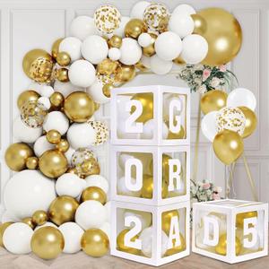 DAZONGE 2025 Graduation Party Decorations - Set of 4 Graduation Boxes with 139pcs Balloons Arch Garland Kit & 4 Light Strings - So Proud of You Class of 2025 Decorations for Any Grades, (White)