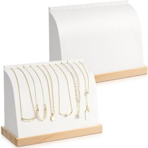 RattanView 2 Pieces Cambered Wooden Necklace Display Stand with Soft Mat Necklace Holder Jewelry Display for Vendors Home Boutique Countertop Pendant Chain Chokers Organizer Pendant(White,PU Leather)