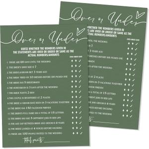 4 x Bridal Shower Games Cards, Guess Over or Under, Wedding Games for Reception 25 Guest Cards (5 × 7inches), Minimalist Green Engagement Party Wedding Supplies - E12