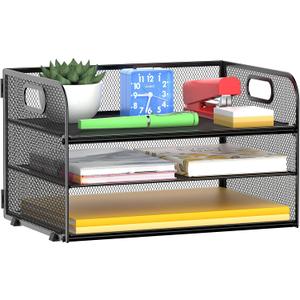 3 Tier Paper Organizer Tray with Handle, Mesh Letter Tray for Office, Home, School (1 Pack), Black (12.8" x 9" x 7.5")