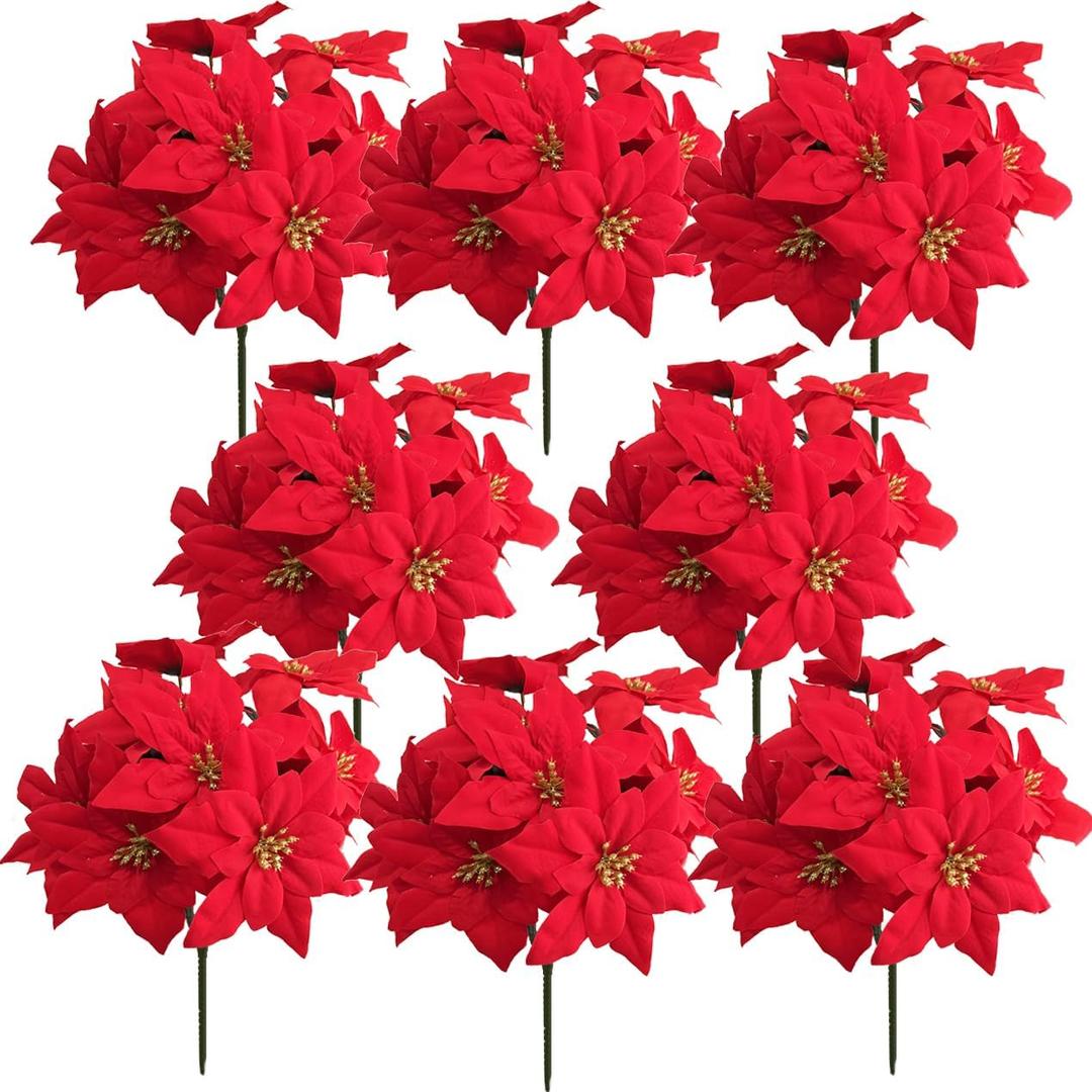 8 Pack 7 Heads Christmas Artificial Poinsettia Flowers Faux Bush Bouquets Silk Poinsettia Christmas Tree Ornaments Poinsettia Flower Arrangement for Xmas Holiday Decor(Golden Red)