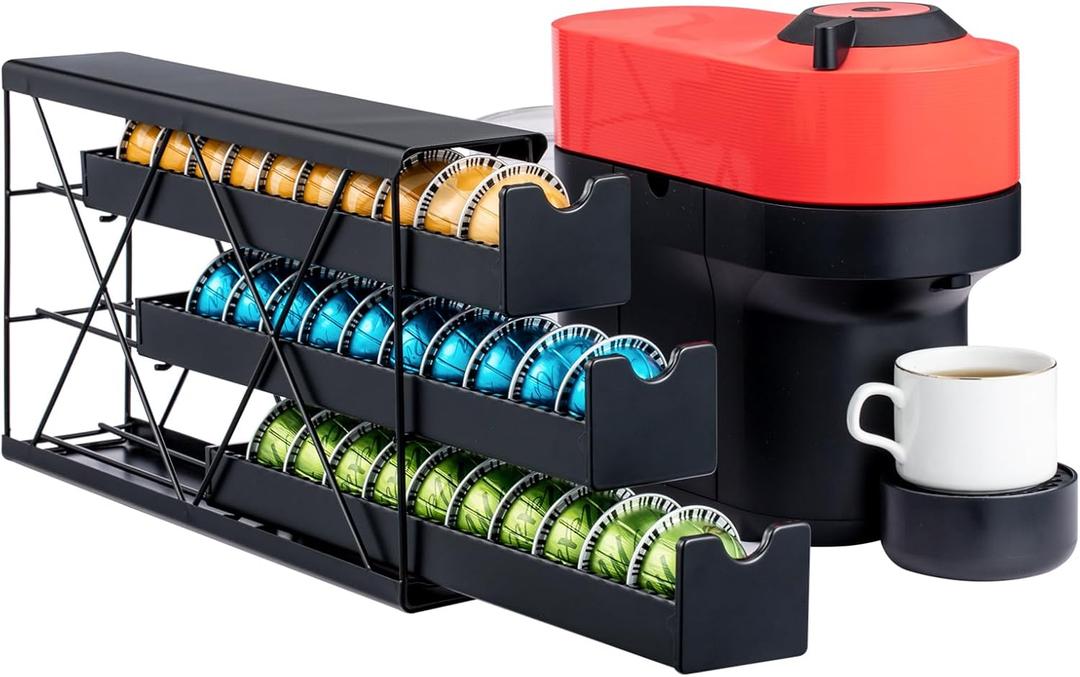 ZCDCP Black Metal 3 Tier Coffee Pod Holder, Coffee Pod Holder Vertuo Pod Wall Mountable Storage Drawer, for Vertuoline Capsule Coffee Machine (30 Pods Capacity)