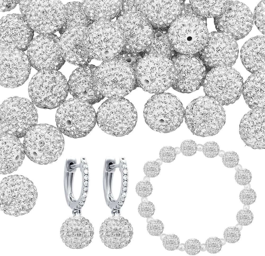 PH PandaHall 50pcs 14mm White Rhinestone Beads White Clay Beads Polymer Crystal Beads2mm Hole Clay Pave Disco Ball Round Diamond Sparkle Bead for Necklace Bracelet Jewelry Making Party Decoration