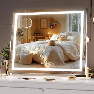 Vanity Mirror with Lights, 16.9" x 13.4" LED Makeup Mirror, Light up Mirror with 10X Magnification, Smart Touch 3 Colors Dimmable, 360° Rotation (White