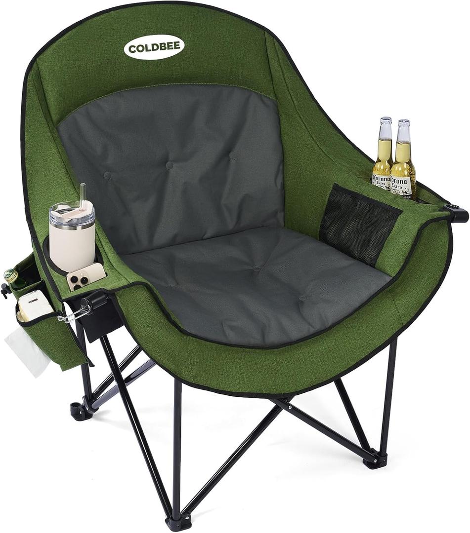 Coldbee Oversized Camping Chairs for Adults - Heavy Duty Padded Folding Lawn Chairs with Cup Holders & Cooler Bag, Comfy Outdoor Chair for Picnic, Beach, Fishing (Green)